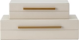 Set of 2 Beige Shagreen Decorative Storage Boxes with Gold Metal Handles – Faux Leather Jewelry & Memory Boxes, Nesting Ph...