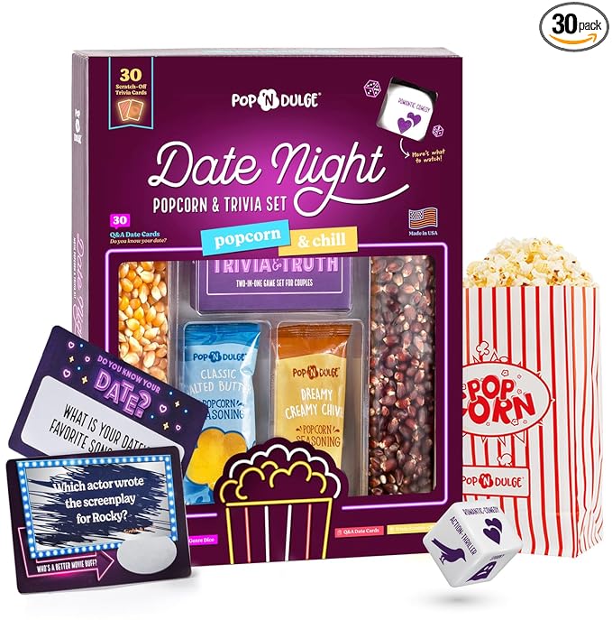 Date Night Scratch Off Cards Movie Popcorn Gift Set, Best Couples Gift Ideas, 30 Date Night Scratch Off Cards, Movie Night...
