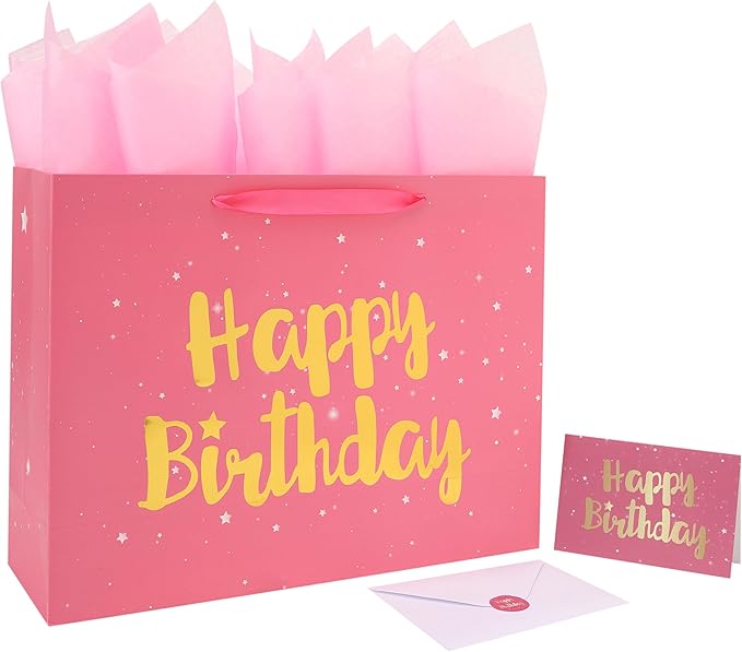 Qirrmiy 16.5” Extra Large Pink Happy Birthday Gift Bag Set with Handles, Greeting Card, Tissue Papers and Stickers for Wom...