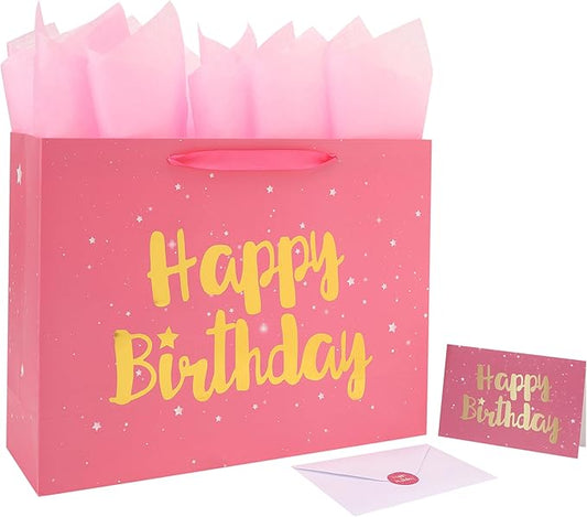 Qirrmiy 16.5” Extra Large Pink Happy Birthday Gift Bag Set with Handles, Greeting Card, Tissue Papers and Stickers for Wom...