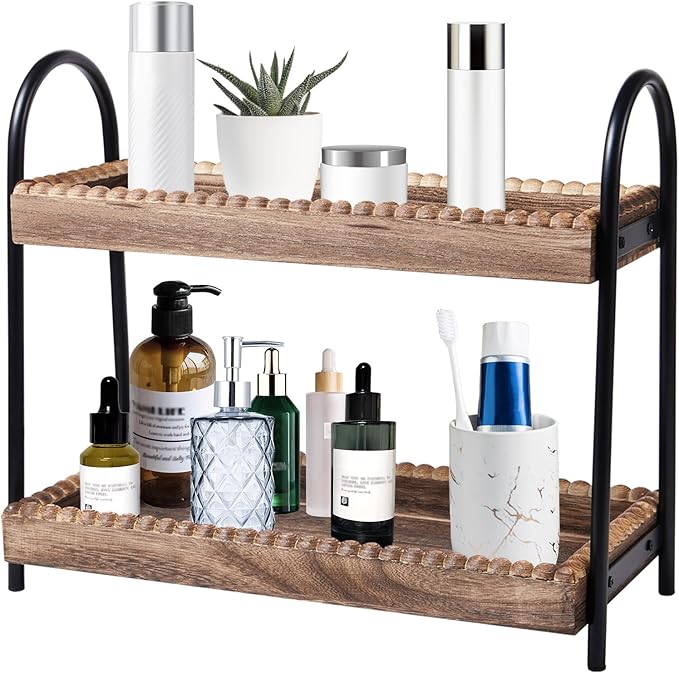 BDBDYEAY Bathroom Countertop Organizer, 2 Tier Vanity Organizer and Storage for Cosmetic Skincare Perfume, Wood Bead Stora...