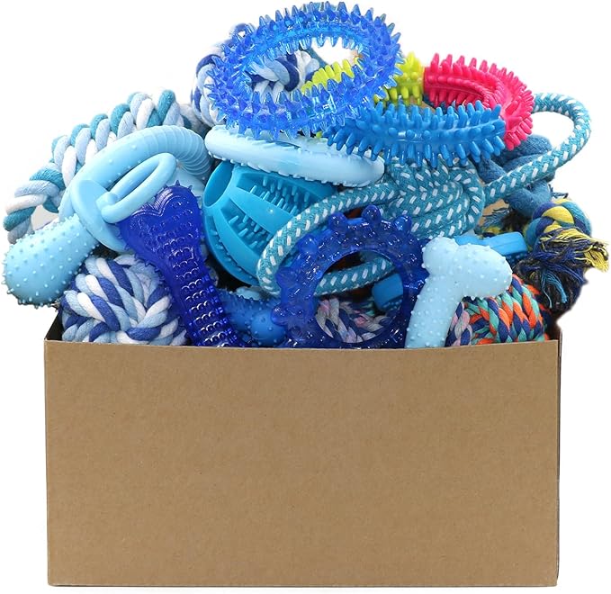 Beiker 20 Pack Puppy Chew Toys - Blue Dog Teething Toys for Puppies, Puppy Teething Rings and Ropes, Blue Rubber Toy Bundl...