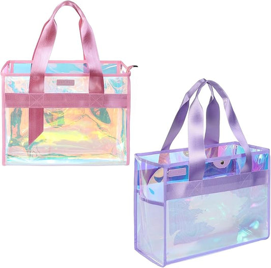 Gryvol 2-Piece 26L Iridescent Beach Bags for Women,Purple Beach Tote Bag & Pink Clear Tote Bag, Large Waterproof Beach Bag...