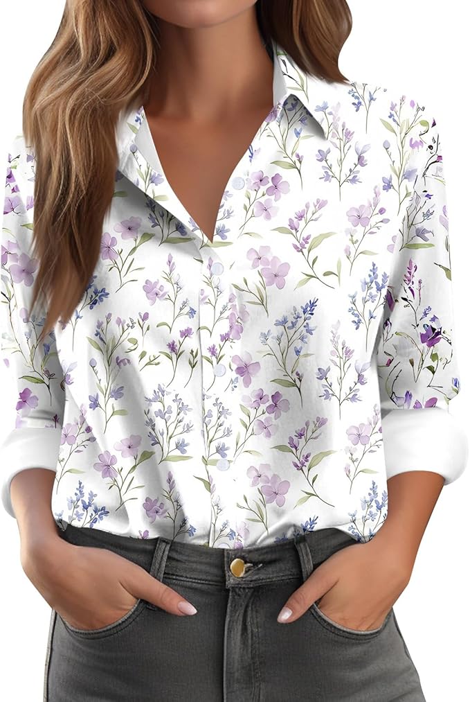Long Sleeve Blouse for Women 2026 Spring Fall Button Up Floral Casual Loose Shirts
