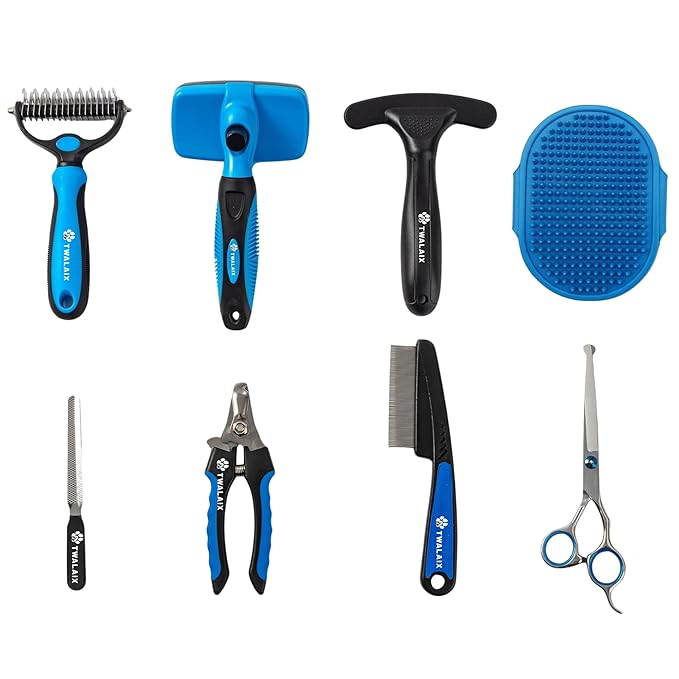 8 in 1 Pet Grooming Kit for Dogs & Cats – Deshedding Brush, Undercoat Rake, Slicker Brush, Nail Clipper, Scissors & Bath B...