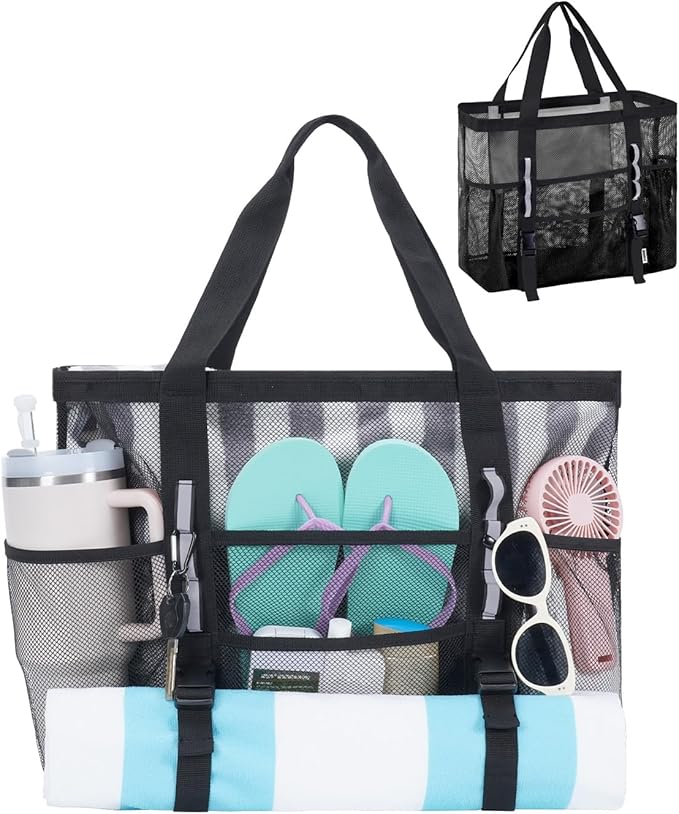 WANDF Mesh Beach Bag for Women, Large Beach Tote Bags with 40oz Tumbler Side Pockets, Family Pool Bag for Swim Toys Towels...