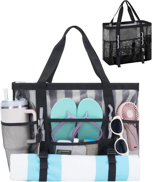 WANDF Mesh Beach Bag for Women, Large Beach Tote Bags with 40oz Tumbler Side Pockets, Family Pool Bag for Swim Toys Towels...
