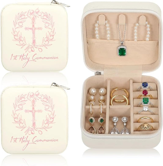 2 Pcs First Communion Travel Jewelry Box, Small Zippered Jewelry Case with Soft Lining, White Square Keepsake Box for Ring...