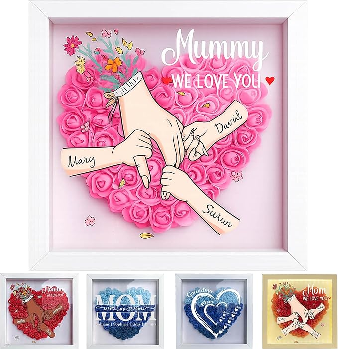 Custom Flower Shadow Box for Mom with Kids Names & Holding Hands, LED Light, Personalized for Mom Grandma from Daughter So...