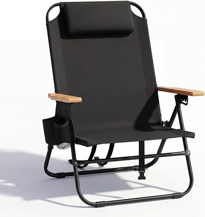 Cansky Portable Beach Chair for Adults, Outdoor Lightweight Camping Chair with Wooden Desgin Armrests, 5-Position Reclinin...