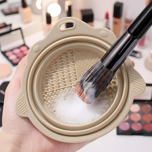 Silicone Makeup Brush Cleaner Bowl-Foldable Brush Cleaning Pad,Portable Cosmetic Brushes Washing Tool Travel,Apricot Gray