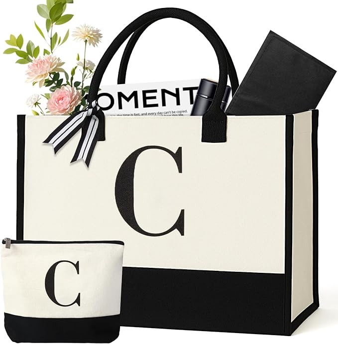 GENGBIN Personalized Canvas Tote Bag for Women Makeup Pouch Initial Beach Bag Removable Bottom Board for Travel Birthday