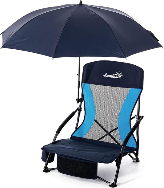 Lamberia Folding Beach Chair with Umbrella for Adults, Portable Low Beach Chairs with 300lbs Capacity, Lightweight Fodable...