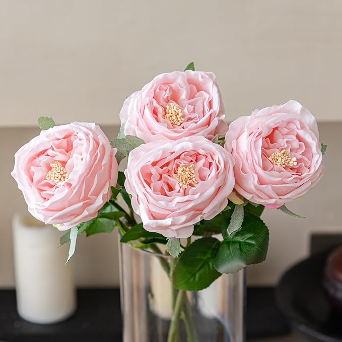 Yonza Soft Touch Artificial Roses and Peonies, 4 Stems Faux Latex Flowers for Vase, Home Wedding Decor - Lifelike Pink Fak...