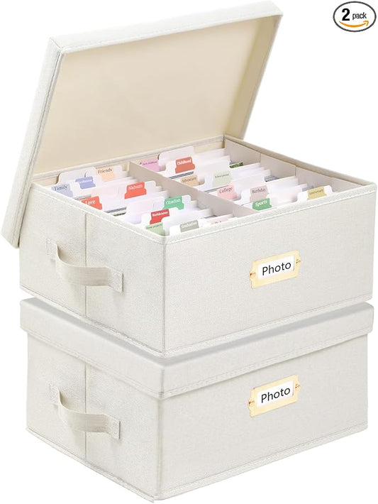 Aokeyee 2PC Photo Storage Box - Decorative Linen Memory Organizer for 4x6 Pictures, Keepsake Box with Dividers & Labels, H...
