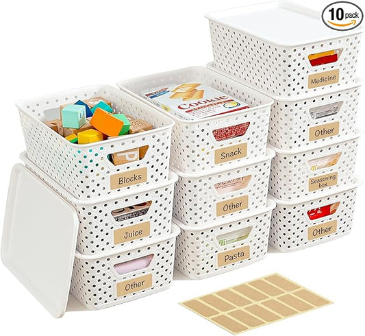 10 Pack Small Plastic Storage Bins with Lids, Stackable Plastic Storage Baskets for Organizing with Handles, Organizer Bin...