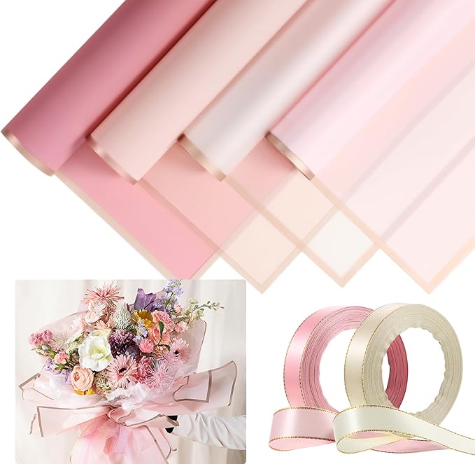 Tenare Flower Wrapping Paper and Ribbon Set 36 Sheets Bouquet Wrapping Paper with 50 Yards Double Face Satin Ribbon for Fl...