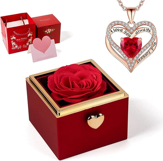 mountova Valentine’s Day Gift for Her Preserved Rose Surprise Box with Heart Necklace, Luxury Flip Jewelry Box, Romantic G...