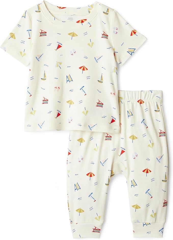 Amazon Essentials x Sofia Grainge Unisex Toddlers and Babies' Cotton Knit Short Sleeve Shirt & Pants Set