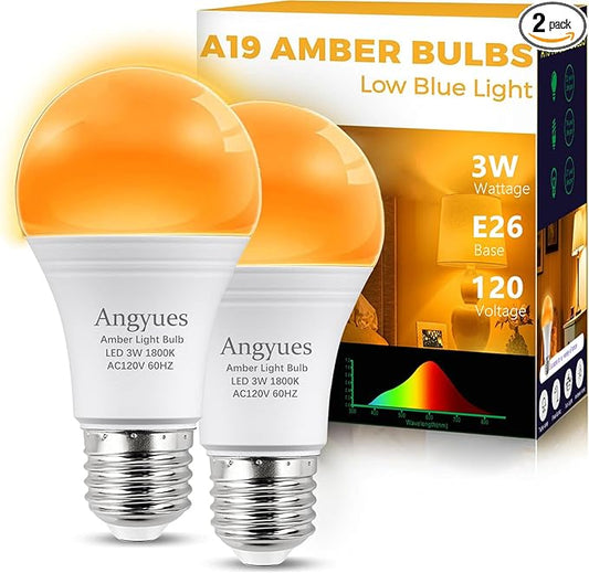 Angyues Amber Sleep Light Bulbs, Blue Light Blocking, A19 3W(25 Watt Equivalent) Dim Light Bulbs for Lamp,1800K Warm Light...