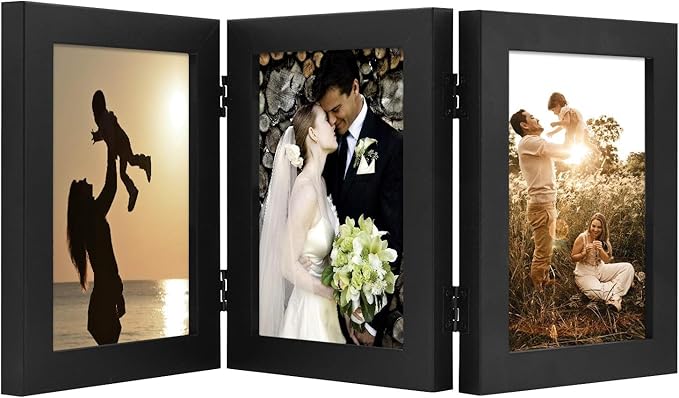 Golden State Art, 5x7 Three Picture Frame Trifold Hinged Photo Frame with 3 Openings, Desk Top Family Picture Collage, wit...