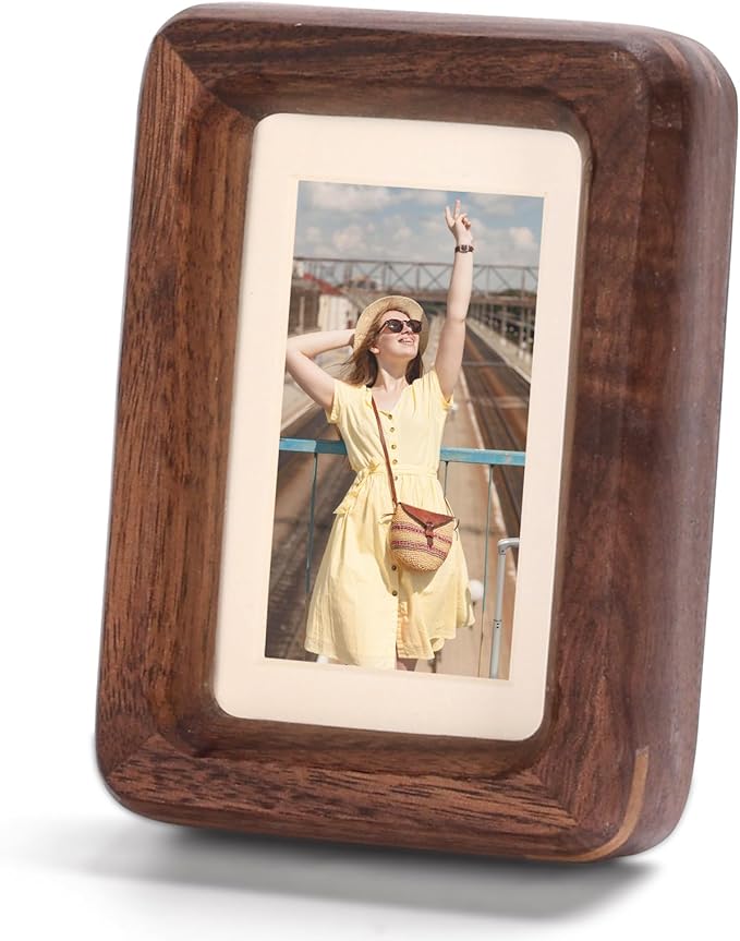 Solid Walnut Mini Picture Frame, Small Wood Photo Frame with Decorative Joinery Corners, Instax & Polaroid, Tabletop Displ...