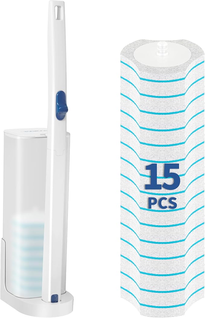 BOOMJOY Disposable Toilet Brush Set with 15 Wand Refills, Toilet Bowl Cleaner Wand with Holder, Toilet Cleaning System Sta...