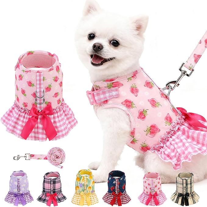 EXPAWLORER Dog Harness Small Medium Sized Dogs, Plaid Dog Dress Bowknot Harness and Leash Set, No Choke No Pull Soft Mesh ...