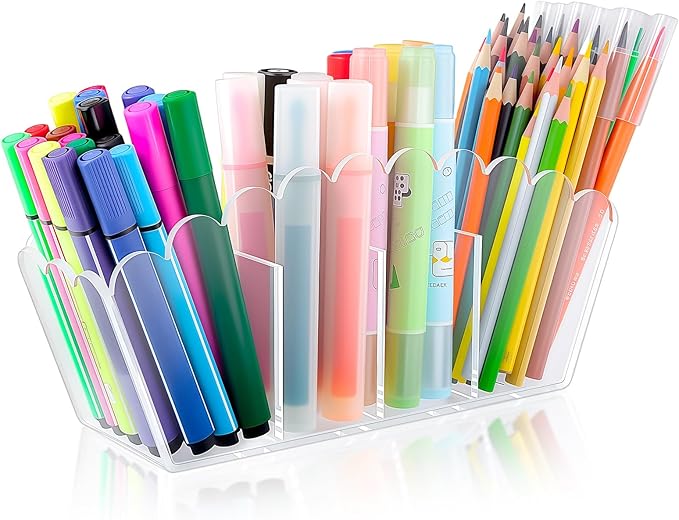 Novacrylion Scalloped Acrylic Pencil Holder – Clear Desk Organizer with 4 Compartments – Makeup Brush Holder & Remote Cadd...