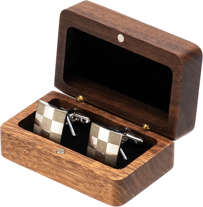 COSISO Natural Walnut Wooden Cufflink Box For Jewelry Storage,Small Cuff Links Display Case for Men (A)
