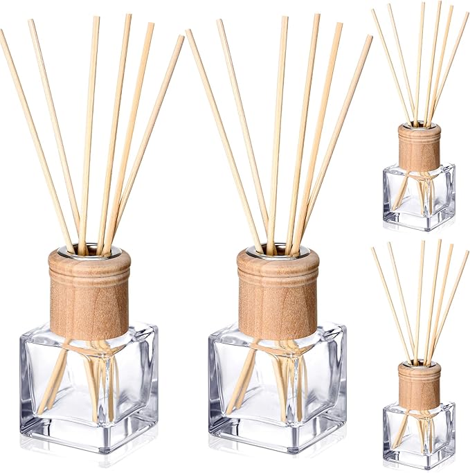 Roshtia 4 Set Reed Diffuser Bottle Empty Refillable Fragrance Glass Diffuser Bottles with Wooden Caps Rattan Sticks 50ml ...