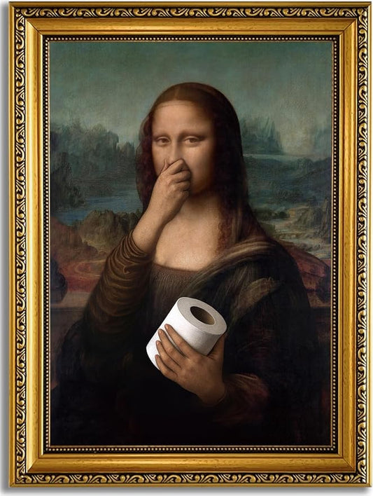 YD&YZY Gold Framed Bathroom Wall Art Mona Lisa Humor Amusing Toilet Art Pinching Nose Wall Decor Funny Vintage Painting Pi...