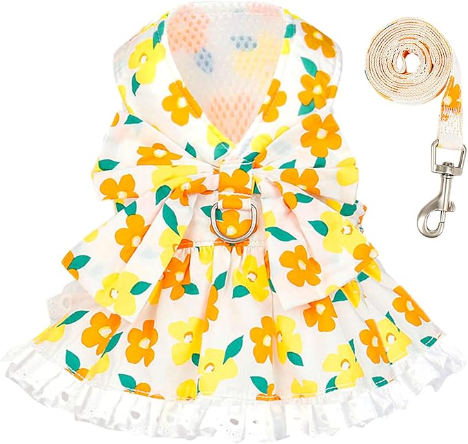 ABRRLO Dog Harness Dress Leash Set for Small Dog Summer Clothes Girl Female Puppy Cats Outfits Cute Floral Bowknot Princes...