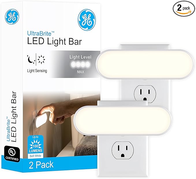 GE Ultrabrite LED Light Bar Night Lights Plug Into Wall Room Decor Ambient Lighting Dusk to Dawn Sensor Bright Nightlight,...