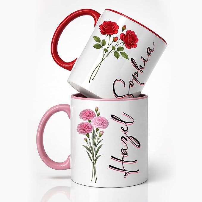 Personalized Birth Flower Name Coffee Mug, Custom Ceramic Cup 11oz 15oz, Floral Gift for Women Mom Grandma Sister Friend, ...