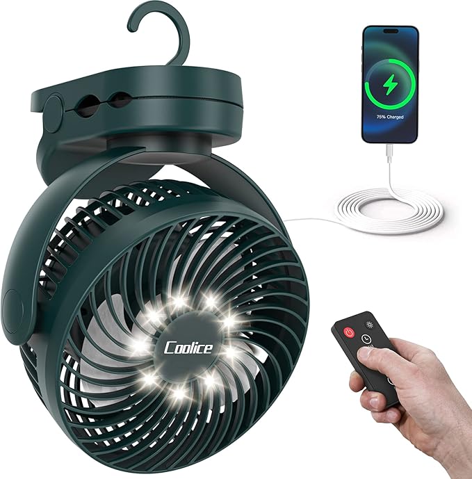 Camping Fan with Remote Control - 12000mAh Rechargeable Battery Powered Fan, Camping Fans for Tents with LED light & Hangi...