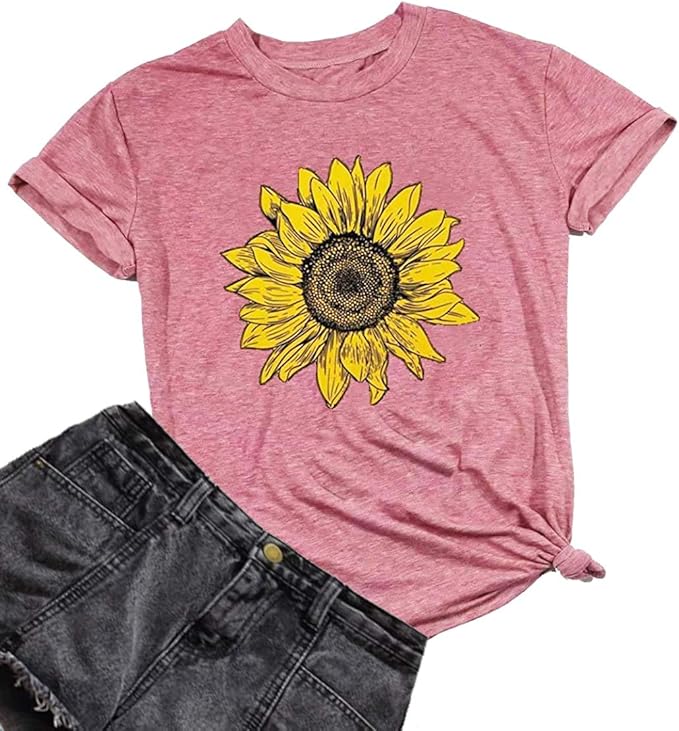 GLIGLITTR Women's Summer Sunflower T Shirt Cute Flower Graphic Loose Tees Crew Neck Short Sleeve Casual Tops