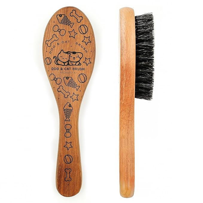 Menesia Pet Soft Brush with Wood Handle and Boar Bristle Hair - Soft Cat and Dog Grooming Brush for Short Hair Cats and Sm...