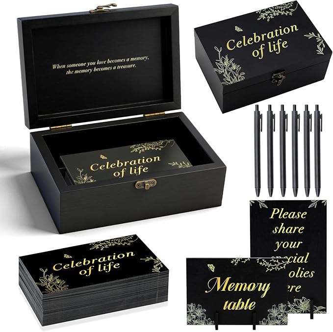 Celebration of Life Memory Box Set with 100Pcs Share a Memory Cards for Funeral and 6 Pens, 2 Wood Sign, Memorial Decorati...