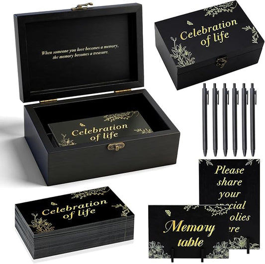 Celebration of Life Memory Box Set with 100Pcs Share a Memory Cards for Funeral and 6 Pens, 2 Wood Sign, Memorial Decorati...