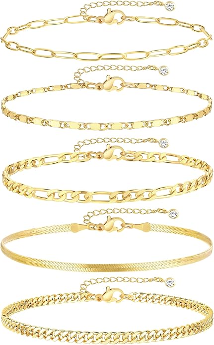 iF YOU Gold Ankle Bracelets for Women, 14k Gold Plated Waterproof Cuban Link Chain Anklets Set, Layered Anklet Bracelets f...