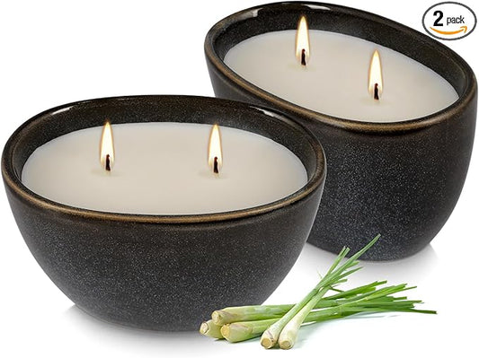 2-Pack Black Ceramic Citronella Scented Candles – Dual-Wick, All-Natural Wax, Decorative Geometric Design for Indoor/Outdo...