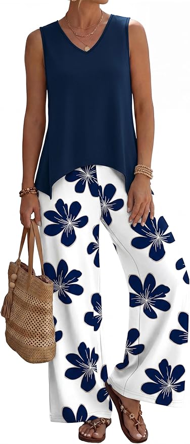 WIHOLL Two Piece Sets for Women Dressy Lounge Sets Summer Outfits Cruise Travel Beach Vacation Casual Wide Leg Pants Set