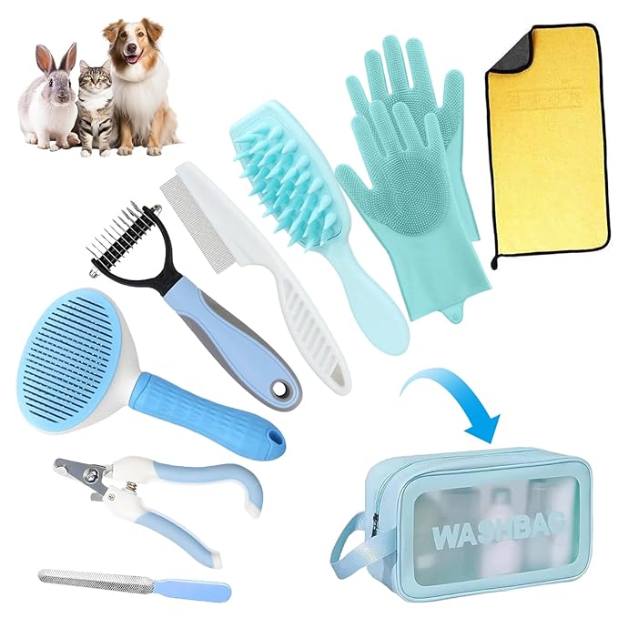 Aglads 3PCS Cat Rabbit Bunny Dog Grooming Kit, Self-Cleaning Slicker Cat & Dog Brush for Shedding, Fine-Needle Comb, Pet N...