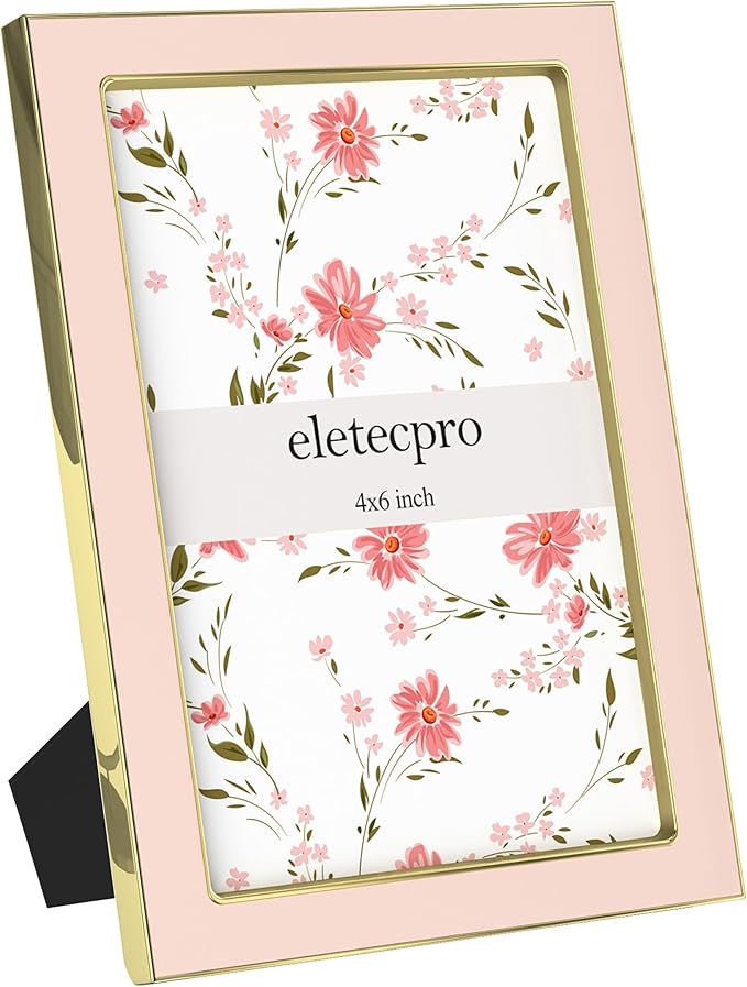 eletecpro 4x6 Enamel Picture Frame with Real Glass Cover, 1 Pack Pink Photo Frame with Gold Metal Edge, Horizontal and Ver...