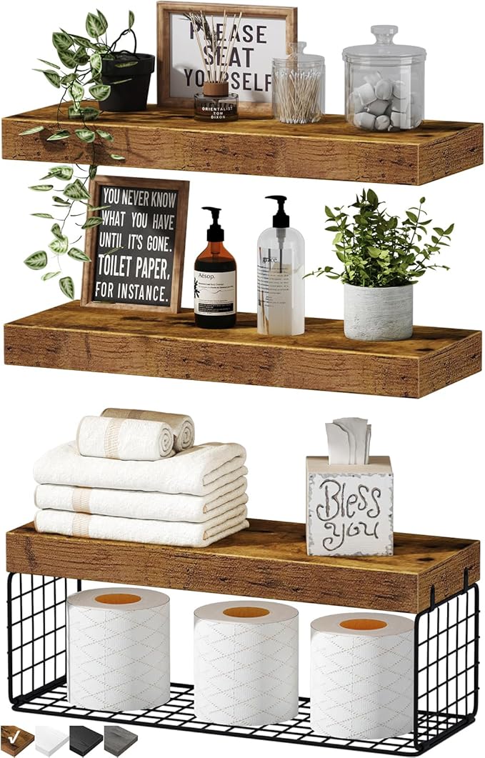 QEEIG Bathroom Shelves Over Toilet - Wall Mounted Floating Shelves Toilet Paper Storage Small Farmhouse Decor Shelf 16 inc...