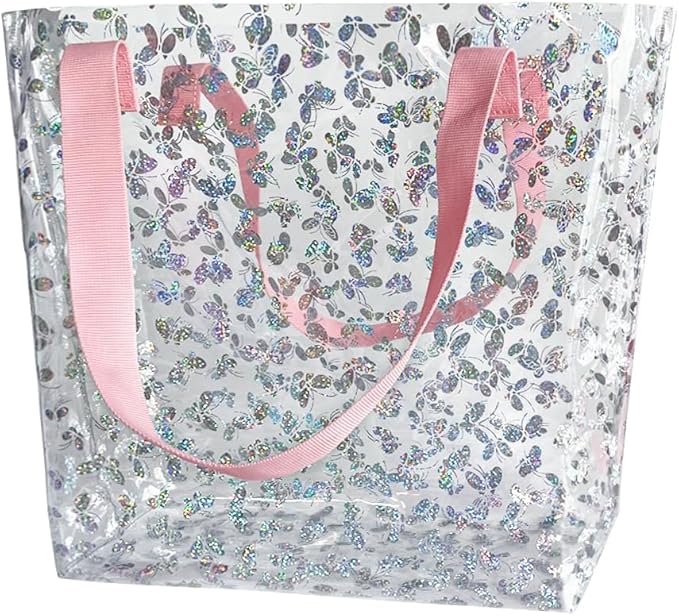 TotePrint Holographic Clear Tote Bag, Waterproof Beach Bag with Pink Handles, Large 11.8"x12.2"x4.3", TSA Compliant | Holo...