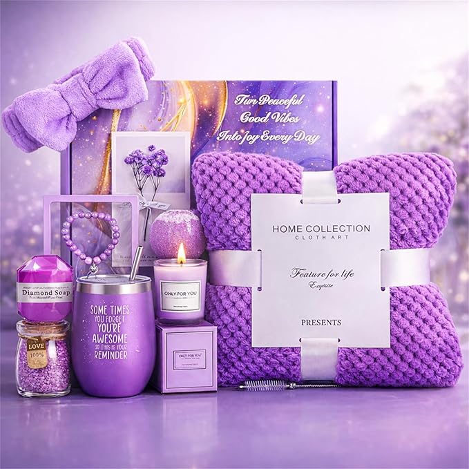 MEINESQIS Birthday Gifts for Women Gift Basket, Lavender Spa Gift Set with Cozy Flannel Blanket, Self Care Care Package Gi...