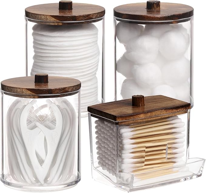 Tbestmax 4 Pack Qtip Holder Bathroom Container, 10/7oz Cotton Ball/Swabs Dispenser, Apothecary Jar with Bamboo Lids for Or...