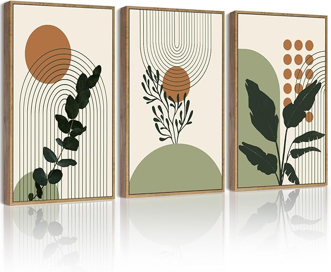 PHOPAGO Boho Plant Wall Art Green Botanical Bohemain Framed Wall Printing 11x14in Abstract Canvas Prints with Leaf & Sun L...
